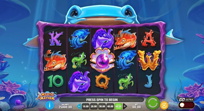 Manta Mayhem - tela do jogo com carretéis e raia-manta